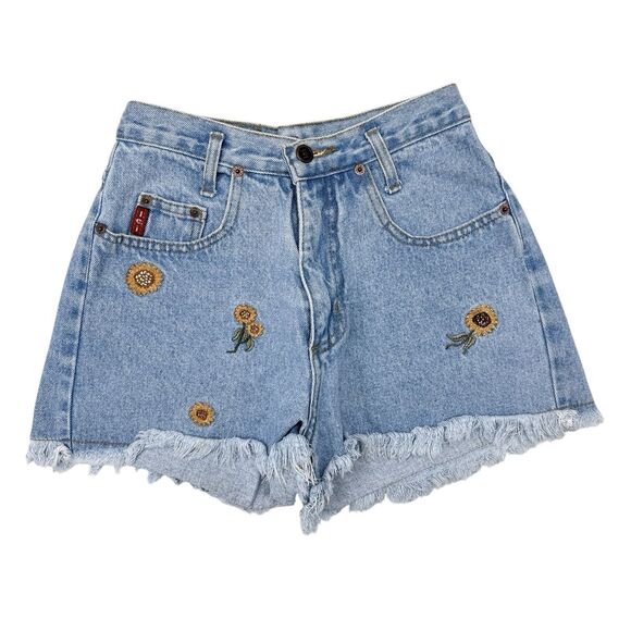Vintage Sunflower Denim Shorts Womens Size 7 / 26‎ LEI Riding Raw Hem High Rise - Picture 1 of 8